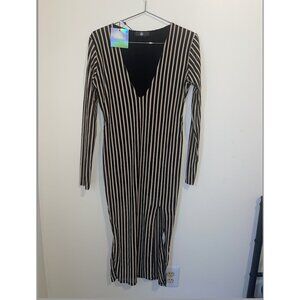 Missguided Black & Nude Stripe Mesh Midi Dress - Size 12 (NWT)